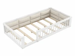 Merax Cama infantil con plataforma - 90 x 200 cm - con barandilla - con somier de láminas - madera + MDF -