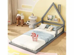 Merax Cama infantil de 90 x 200 cm, cuna con forma de casa, pino macizo, estilo sencillo,