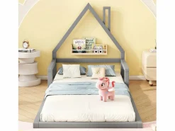 Merax Cama infantil de 90 x 200 cm, cuna con forma de casa, pino macizo, estilo sencillo,