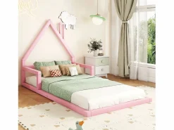 New Merax Cama infantil de 90 x 200 cm, cuna con forma de casa, pino macizo, estilo sencillo, Rosa