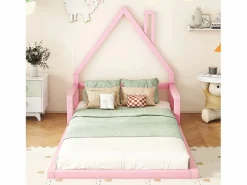 New Merax Cama infantil de 90 x 200 cm, cuna con forma de casa, pino macizo, estilo sencillo, Rosa