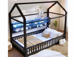 Discount Cama infantil de metal 90x200 cm - Motivo de casa - con barrera de seguridad - con luces LED - ​ (Colchón no incluido) Cama Montessori