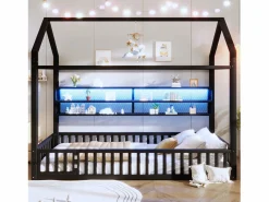 Discount Cama infantil de metal 90x200 cm - Motivo de casa - con barrera de seguridad - con luces LED - ​ (Colchón no incluido) Cama Montessori