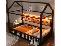 Discount Cama infantil de metal 90x200 cm - Motivo de casa - con barrera de seguridad - con luces LED - ​ (Colchón no incluido) Cama Montessori