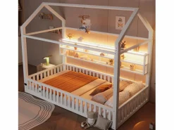 ModernLuxe Cama infantil de metal 90x200 cm - Motivo de casa - con barrera de seguridad - con luces LED - (Colchón no incluido)
