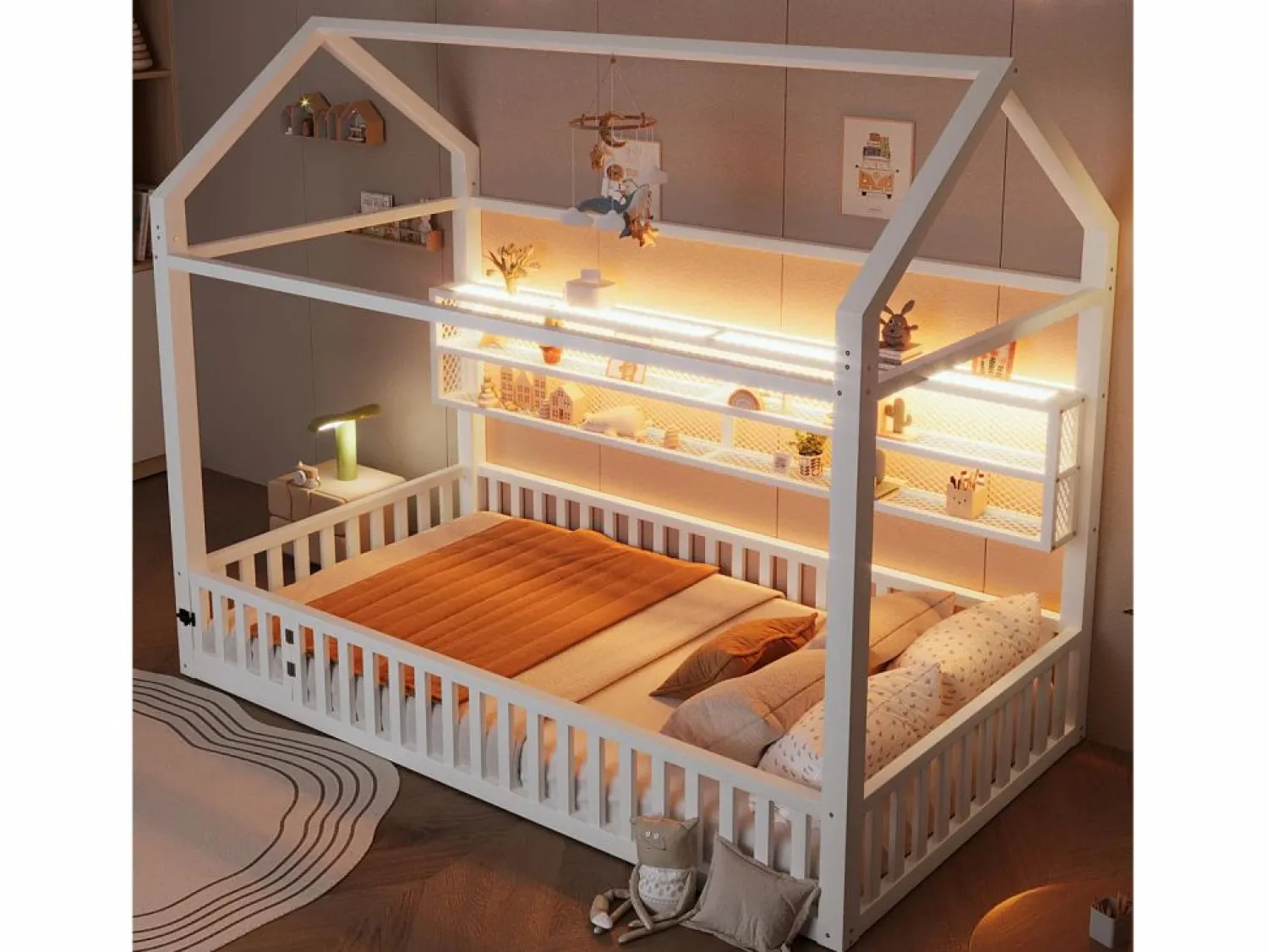 ModernLuxe Cama infantil de metal 90x200 cm - Motivo de casa - con barrera de seguridad - con luces LED - (Colchón no incluido)