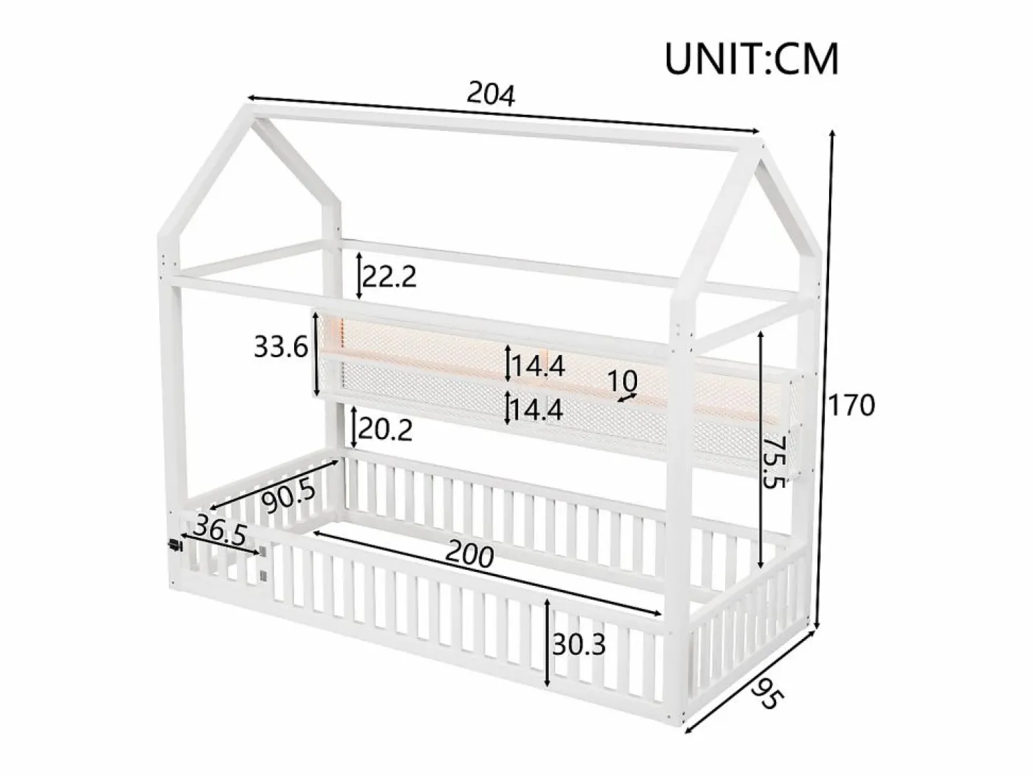 ModernLuxe Cama infantil de metal 90x200 cm - Motivo de casa - con barrera de seguridad - con luces LED - (Colchón no incluido)