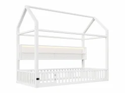 ModernLuxe Cama infantil de metal 90x200 cm - Motivo de casa - con barrera de seguridad - con luces LED - (Colchón no incluido)