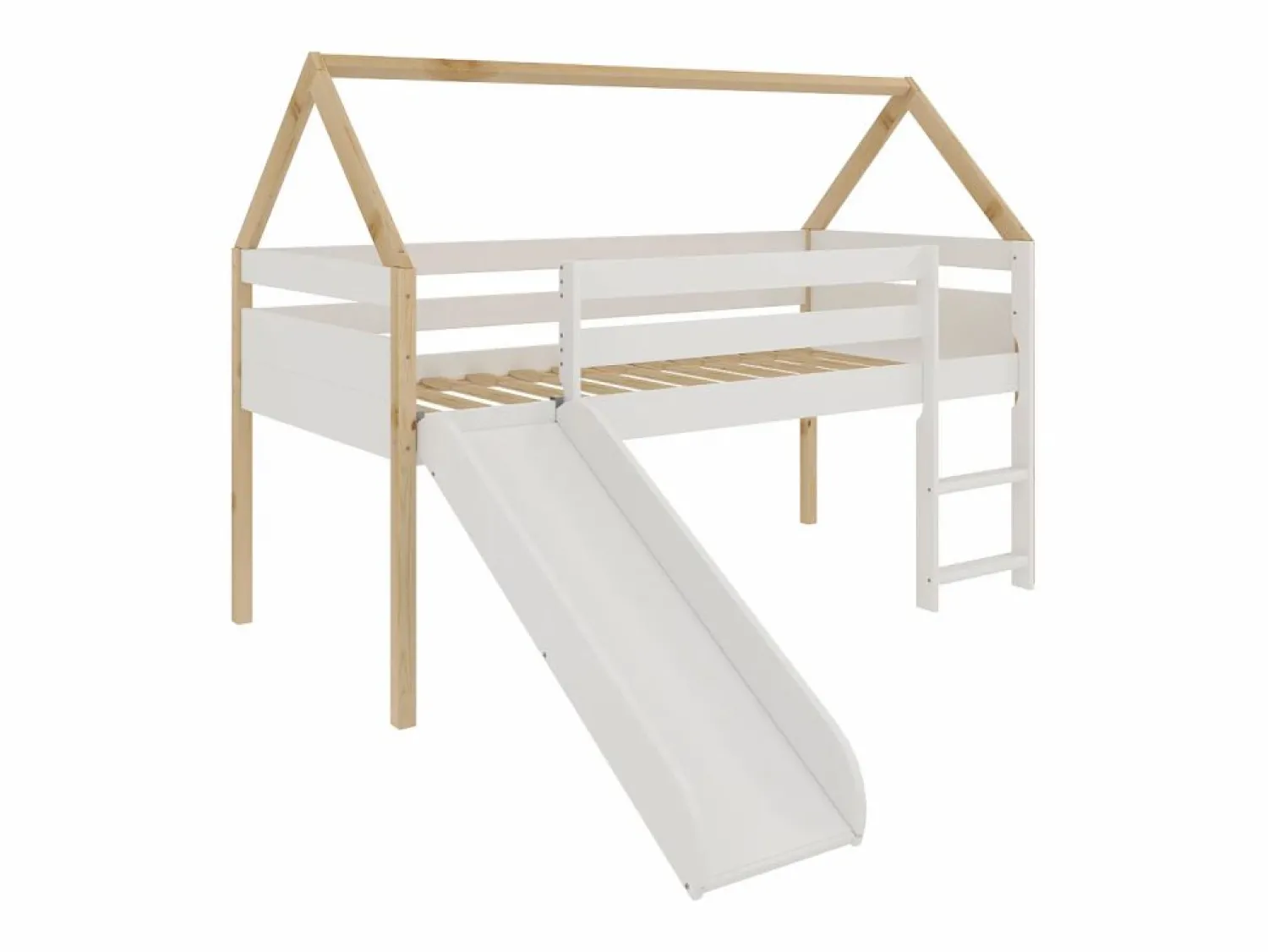 New Cama infantil estilo casita con Tobogán y Escalera - Para colchón de 90 - ( y Madera) - Buyqualia Blanco