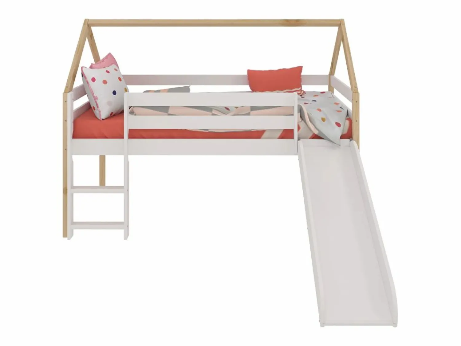 New Cama infantil estilo casita con Tobogán y Escalera - Para colchón de 90 - ( y Madera) - Buyqualia Blanco