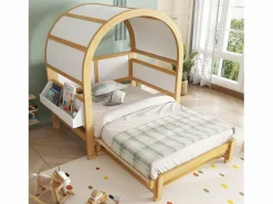 Hot Merax Cama infantil extensible con techo arqueado - 140 x 200 cm - pequeña estantería lateral - pino y MDF - y natural Blanco