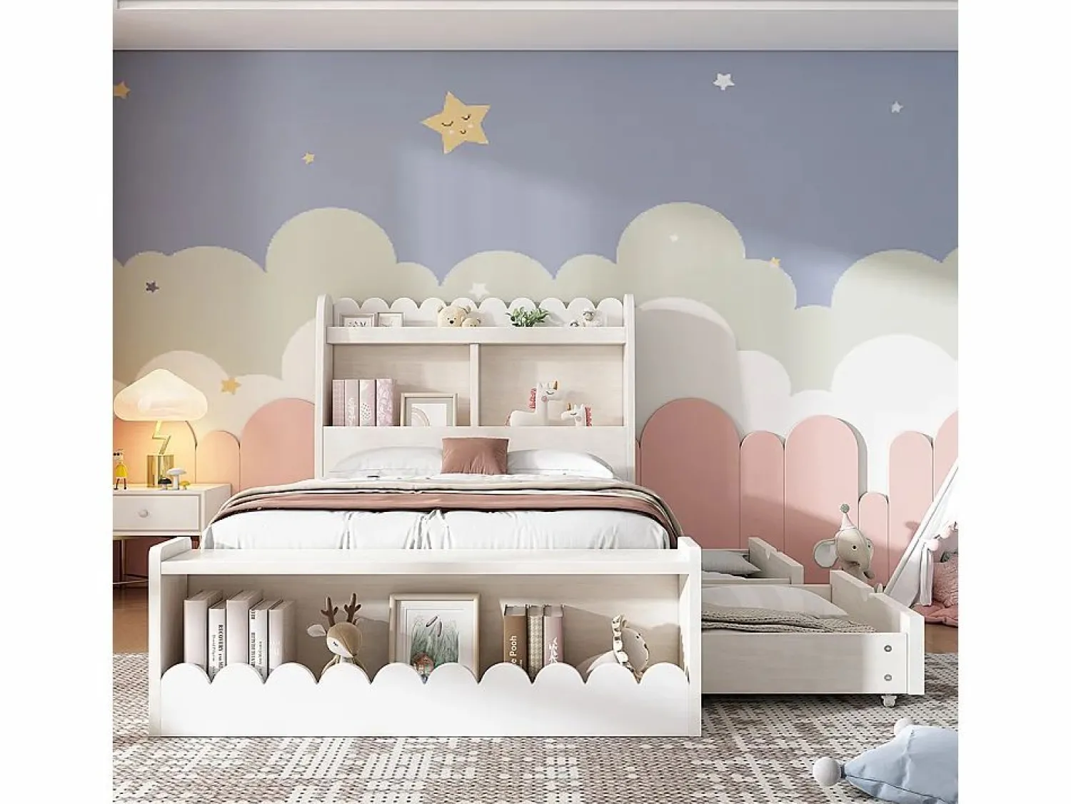Online KOMHTOM Cama infantil individual 90x200 cm con cajones, estantes y banco con espacio de almacenamiento, color + roble Blanco