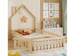 Clearance Cama infantil tipo cabina - 90 x 200 cm - forma de chimenea - con somier + puerta - pino - natural Cama Montessori