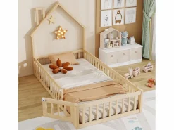 Clearance Cama infantil tipo cabina - 90 x 200 cm - forma de chimenea - con somier + puerta - pino - natural Cama Montessori