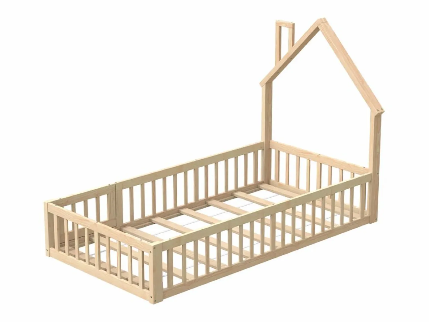 Clearance Cama infantil tipo cabina - 90 x 200 cm - forma de chimenea - con somier + puerta - pino - natural Cama Montessori