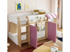 ModernLuxe Cama infantil 90x200 cm - 4 puertas - Con escalera - ​​Blanco + Rosa​​ (colchón no incluido)