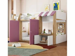 ModernLuxe Cama infantil 90x200 cm - 4 puertas - Con escalera - ​​Blanco + Rosa​​ (colchón no incluido)