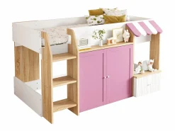 ModernLuxe Cama infantil 90x200 cm - 4 puertas - Con escalera - ​​Blanco + Rosa​​ (colchón no incluido)