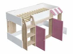 ModernLuxe Cama infantil 90x200 cm - 4 puertas - Con escalera - ​​Blanco + Rosa​​ (colchón no incluido)