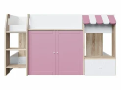 ModernLuxe Cama infantil 90x200 cm - 4 puertas - Con escalera - ​​Blanco + Rosa​​ (colchón no incluido)