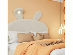 Outlet Cama infantil 140x200 cm acolchada de terciopelo - oreja de conejo con LED regulable - con 2 taburetes con almacenaje - Cama Terciopelo