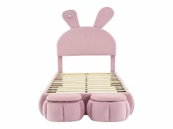 ModernLuxe Cama infantil 90x200 cm acolchada de terciopelo - oreja de conejo con LED regulable - con 2 taburetes con almacenaje -