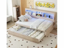 Hauss Spole Cama infantil 90x200 cm con estantería, cama nido 90x190 cm, MDF natural, sin colchón