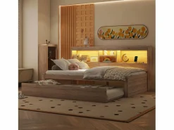 Hauss Spole Cama infantil 90x200 cm con estantería, cama nido 90x190 cm, MDF natural, sin colchón