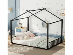 Clearance OKWISH Cama infantil 140x200 cm con somier de listones, estructura metálica, negra - sin colchón Negro