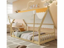 Cama infantil 90x200 cm con somier de láminas y dosel extraíble, color natural - sin colchón Cama Montessori