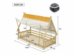 Cama infantil 90x200 cm con somier de láminas y dosel extraíble, color natural - sin colchón Cama Montessori