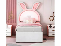 Clearance ModernLuxe Cama infantil 90x200cm en terciopelo - cama nido con 3 cajones y luces LED de colores - Beige