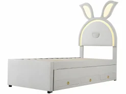 Clearance ModernLuxe Cama infantil 90x200cm en terciopelo - cama nido con 3 cajones y luces LED de colores - Beige