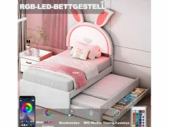 Clearance ModernLuxe Cama infantil 90x200cm en terciopelo - cama nido con 3 cajones y luces LED de colores - Beige