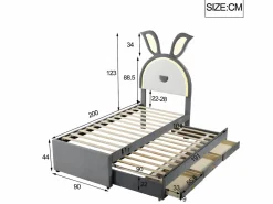 New Cama infantil 90x200cm en terciopelo - cama nido con 3 cajones y luces LED de colores - Cama Nido