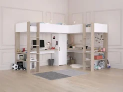 Discount Vente-unique Cama litera 2 x 90 x 200 cm con almacenamiento escritorios blanco y natural + colchón - LASCANO Color natural claro / Blanco