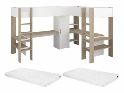 Discount Vente-unique Cama litera 2 x 90 x 200 cm con almacenamiento escritorios blanco y natural + colchón - LASCANO Color natural claro / Blanco