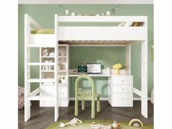 ModernLuxe Cama mezzanine de 90x200 cm - con escalera de seguridad de 4 peldaños - con mesa - con estante - con barreras de seguridad - (sin colchón)
