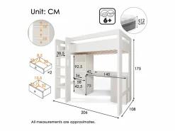 ModernLuxe Cama mezzanine de 90x200 cm - con escalera de seguridad de 4 peldaños - con mesa - con estante - con barreras de seguridad - (sin colchón)