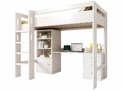 ModernLuxe Cama mezzanine de 90x200 cm - con escalera de seguridad de 4 peldaños - con mesa - con estante - con barreras de seguridad - (sin colchón)