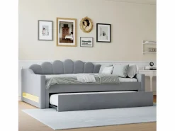 Outlet ModernLuxe Cama nido 140×200 cm - con tira LED luminosa - con somier de láminas - MDF+lino - Gris