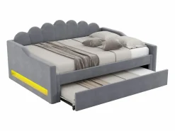 Outlet ModernLuxe Cama nido 140×200 cm - con tira LED luminosa - con somier de láminas - MDF+lino - Gris