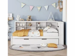 Merax Cama nido 140 x 200 cm + 90 x 190 cm con toma USB y librería - Madera maciza - (sin colchón)