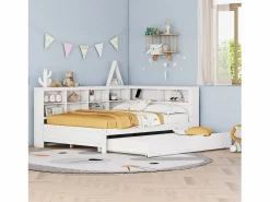 Merax Cama nido 140 x 200 cm + 90 x 190 cm con toma USB y librería - Madera maciza - (sin colchón)