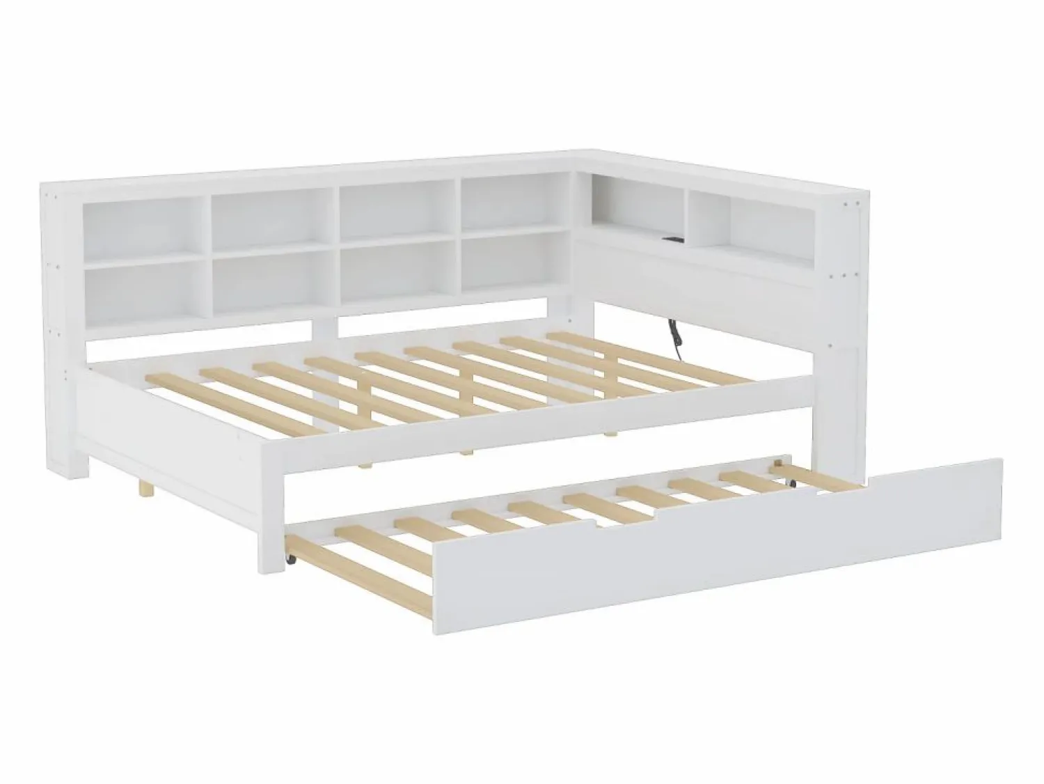 Merax Cama nido 140 x 200 cm + 90 x 190 cm con toma USB y librería - Madera maciza - (sin colchón)