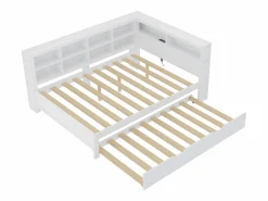 Merax Cama nido 140 x 200 cm + 90 x 190 cm con toma USB y librería - Madera maciza - (sin colchón)