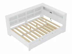 Merax Cama nido 140 x 200 cm + 90 x 190 cm con toma USB y librería - Madera maciza - (sin colchón)