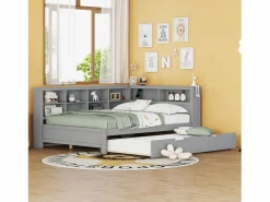 Merax Cama nido 140 x 200 cm + 90 x 190 cm con toma USB y librería - Madera maciza - (sin colchón)