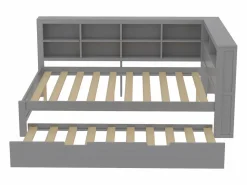 Merax Cama nido 140 x 200 cm + 90 x 190 cm con toma USB y librería - Madera maciza - (sin colchón)