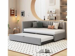 Merax Cama nido 90/180 x 200 cm en forma de L, Sofá cama - Terciopelo - Somier de láminas - claro (sin colchón)